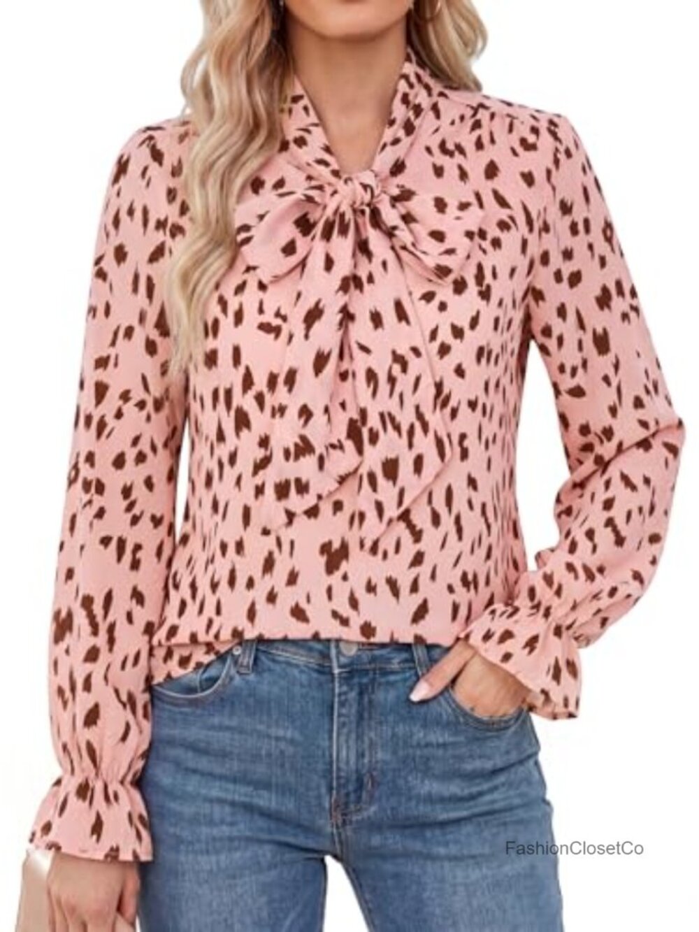 Long Sleeve Chiffon Blouse Bow Tie Neck Business Casual Top